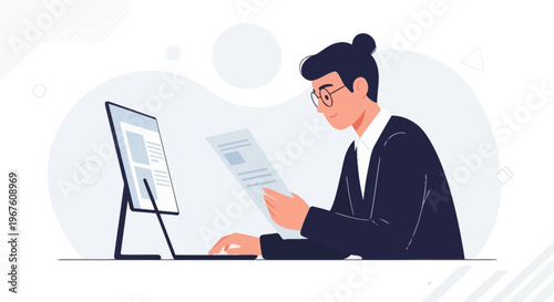 Man in suit working on laptop and reading document, modern office illustration
