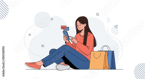 Young Woman Browsing Online Store on Smartphone with Shopping Bags