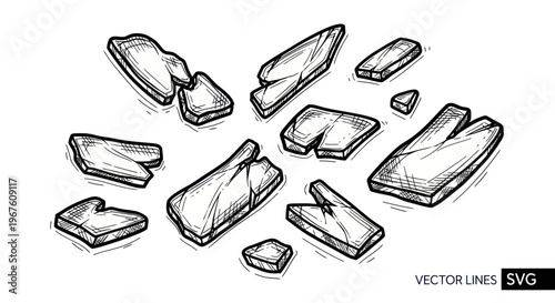 Hand-drawn sketch of scattered wooden planks and fragments, isolated on white background