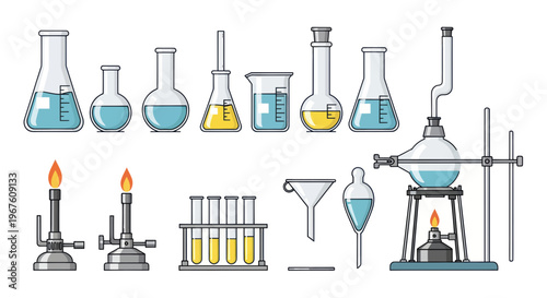 Laboratory Equipment Collection: Beakers, Flasks, Burners, Test Tubes, Distillation Apparatus