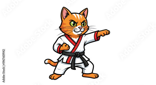 Martial Arts Orange Cat Warrior in Gi Uniform, Karate Kick Pose
