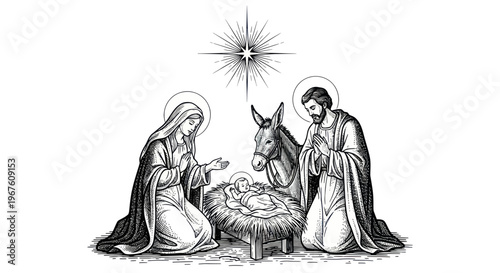 Nativity Scene Sketch: Holy Family, Stable, Star of Bethlehem, Donkey