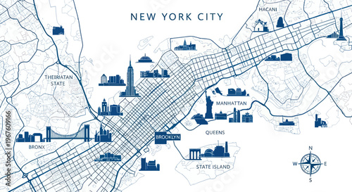 New York City Map with Landmarks - Skyline Silhouettes and Street Grid