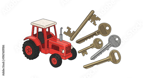 Red Tractor and Vintage Keys: Agriculture, Property, and Opportunity Concept
