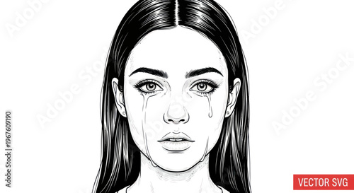 Sad Woman Crying Tears, Emotional Portrait, Black and White Sketch