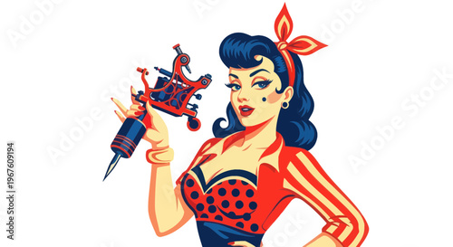 Retro Pin-up Tattoo Artist Woman Holding Tattoo Machine, Vintage Style
