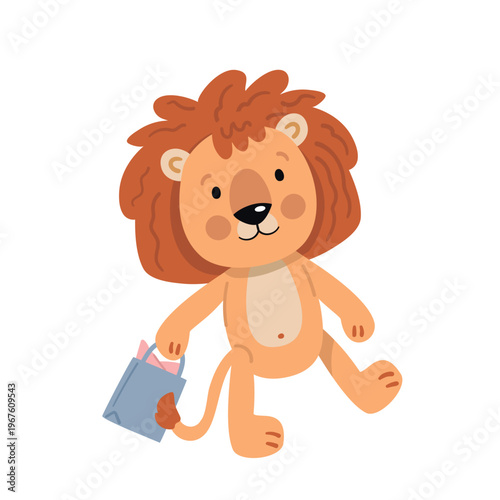 A cute cartoon lion walking with a shopping bag. Friendly animal character for children's design in flat style.