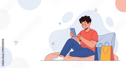 Young Man Relaxing with Smartphone and Shopping Bags, Online Shopping Concept