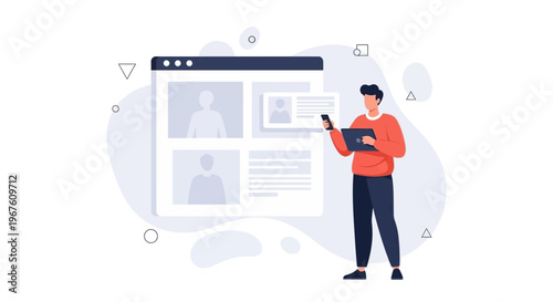 Man with Tablet and Phone Interacting with Digital Profile Page