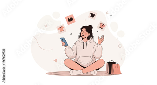 Woman Shopping Online Using Smartphone, Choosing Clothes, Modern Lifestyle