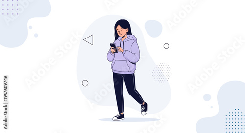 Young Woman in Hoodie Using Smartphone While Walking, Modern Flat Illustration