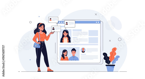 Woman reviewing online profiles on a digital screen, recruitment concept