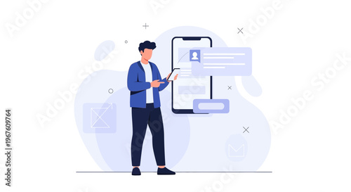 Man using tablet with smartphone and notification icons, digital communication concept