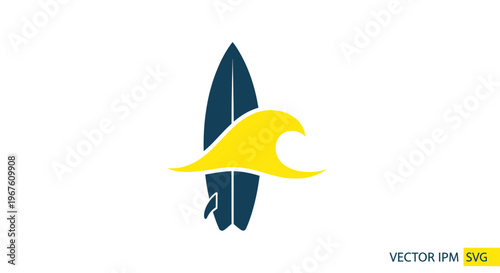 Surfboard and wave logo icon, vector illustration, symbol for surfing, water sports, beach