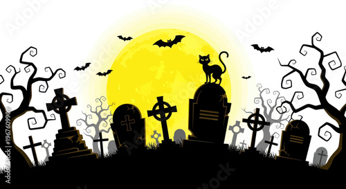 Spooky Halloween Night Cemetery Scene with Black Cat, Bats, and Full Moon