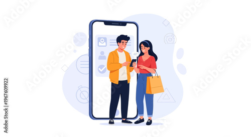 Couple using smartphone app for online shopping and profile management