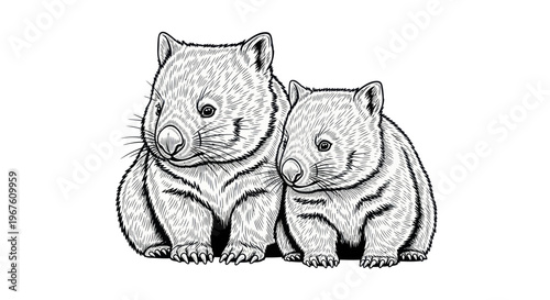 Two Wombats Sitting Together, Cute Australian Marsupial Duo, Sketch Style