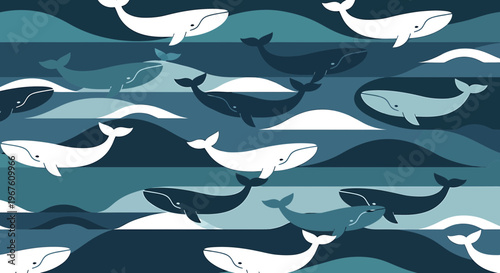Seamless Pattern of Whales Swimming in Blue Ocean Waves, Marine Wildlife Illustration