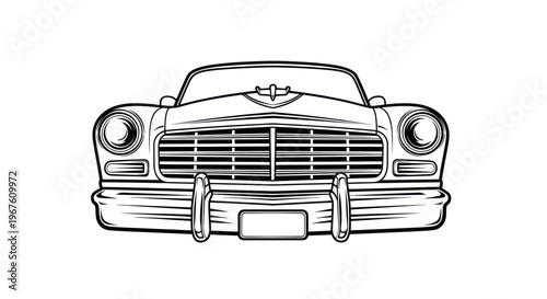Vintage American Car Front View Drawing, Classic Automobile Icon, Retro Vehicle Outline