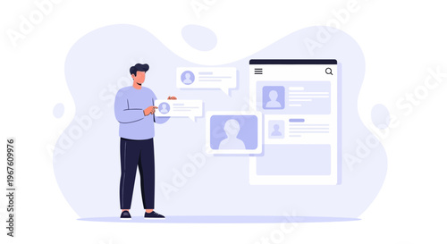 Man interacting with digital profiles and chat bubbles, concept of online communication