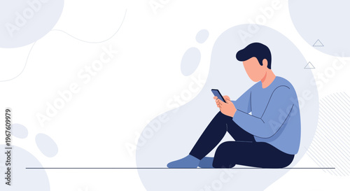 Man sitting on floor using smartphone, minimalist illustration, blue and white background