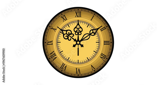 Vintage Roman Numeral Clock Face with Ornate Hands on White Background