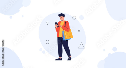 Young man with shopping bags using smartphone, modern flat illustration