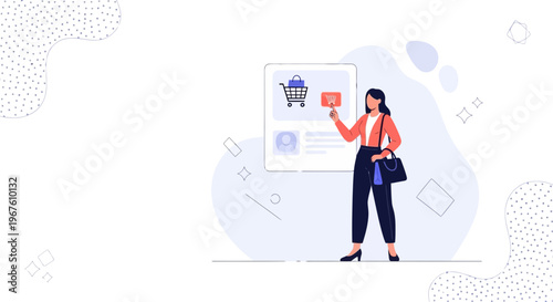 Woman Shopping Online, Adding Item to Cart on Digital Screen, E-commerce Concept