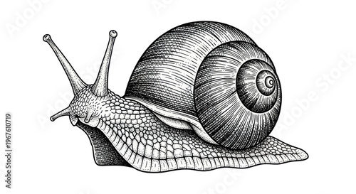 Detailed Ink Drawing of a Snail on White Background