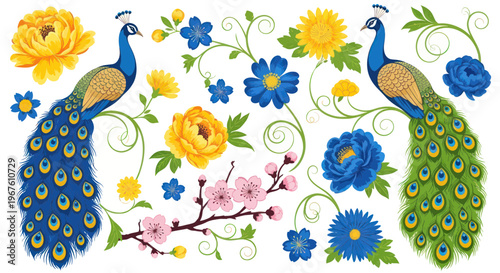 Elegant Peacocks and Floral Motifs in Blue, Yellow, and Pink