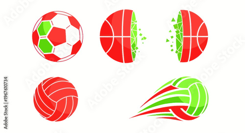Diverse Sports Balls Collection: Soccer, Basketball, Volleyball, Abstract Motion