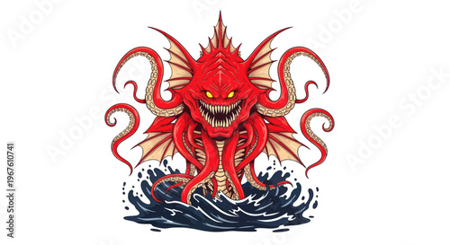 Fearsome Red Sea Monster with Tentacles Emerging from Dark Water