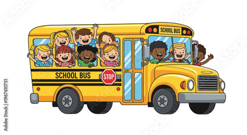 Happy Children Waving from a Yellow School Bus