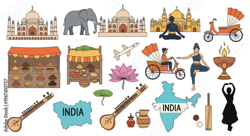 India Travel Icons: Taj Mahal, Elephant, Yoga, Rickshaw, Spices, Lotus, Veena