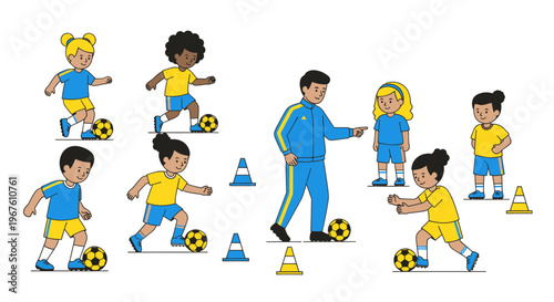 Kids Soccer Training Session with Coach, Children Playing Football