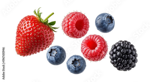 Fresh strawberry, raspberries, blueberries and blackberry on a transparent background