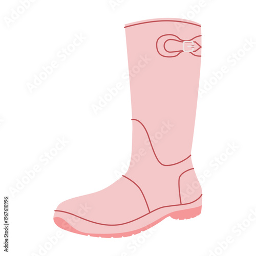 Pink buckle rubber rain boot women flat pair. Waterproof with side buckle for rainy stroll, wet terrain. Technical fashion illustration CAD mockup smooth vector men unisex isolated glamorous style