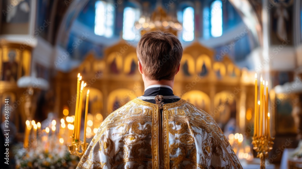 Obraz premium Eastern Orthodox Priest in Church During Devotion Ceremony with Candles
