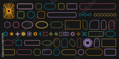 Set of colorful star and arch, rectangle and square, oval and circle icons with scallop edges. Geometric forms with wavy borders. Empty textboxes, signboards, tags or labels. Vector illustration.