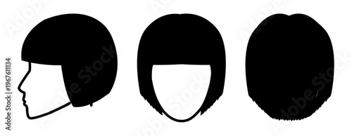 Short bob graduated hairstyle silhouette front profile back view, clean haircut shape simple outline for icon, logo, avatar, minimal design, abstract beauty, fashion graphic