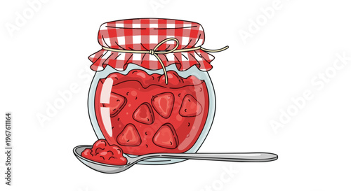 Homemade strawberry jam in a glass jar with a spoon. Vector illustration on a white background
