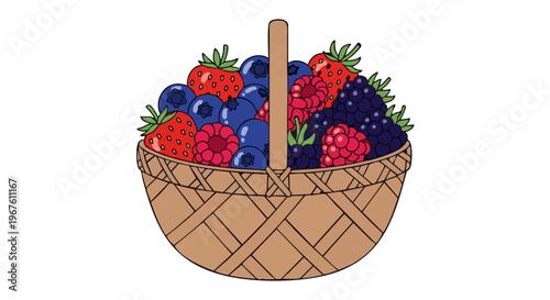 Wicker basket full of fresh mixed berries illustration isolated on a white background