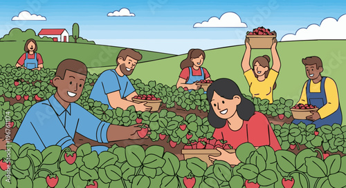 Happy diverse people picking strawberries in a field. Vector illustration of community farming and harvesting