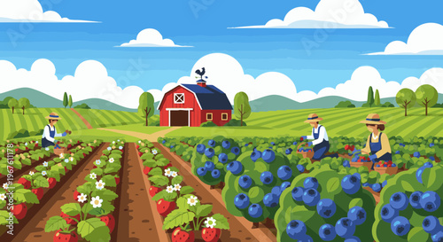 Summer berry farm landscape with farmers harvesting strawberries and blueberries