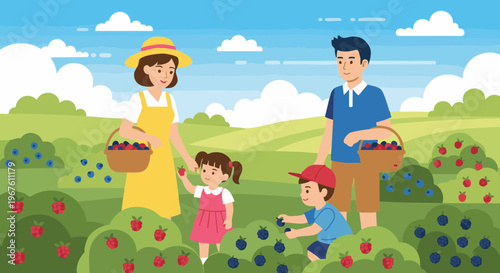 Happy family with children picking fresh berries in a field. Parents and kids harvesting fruit together outdoors in summer. Vector illustration