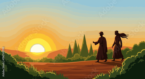 Ancient travelers on a journey at sunrise. Vector landscape illustration
