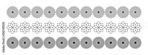 Set of borders with flower shapes isolated on white background. Floral dividers with lotus or chrysanthemum silhouettes. Elegant page separators. Vector graphic illustration.