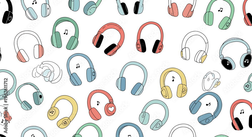 Obraz premium Colorful Headphones Pattern: Music, Sound, and Technology