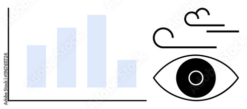 Data analysis, analytics, visualization, trends, insight interpretation, eye tracking. Bar chart and an abstract eye with wind icons. Data analysis and insight interpretation concept