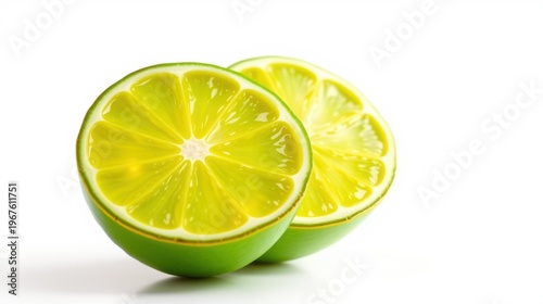 Bright limes cut in half. Juicy pulp visible. Fresh fruit presentation, simple studio shot. Vibrant green color dominates image.
